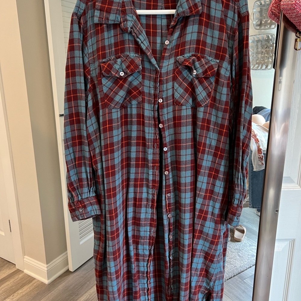 Natural Life light flannel, plaid Button-Up Shirt Dress - Red and Blue